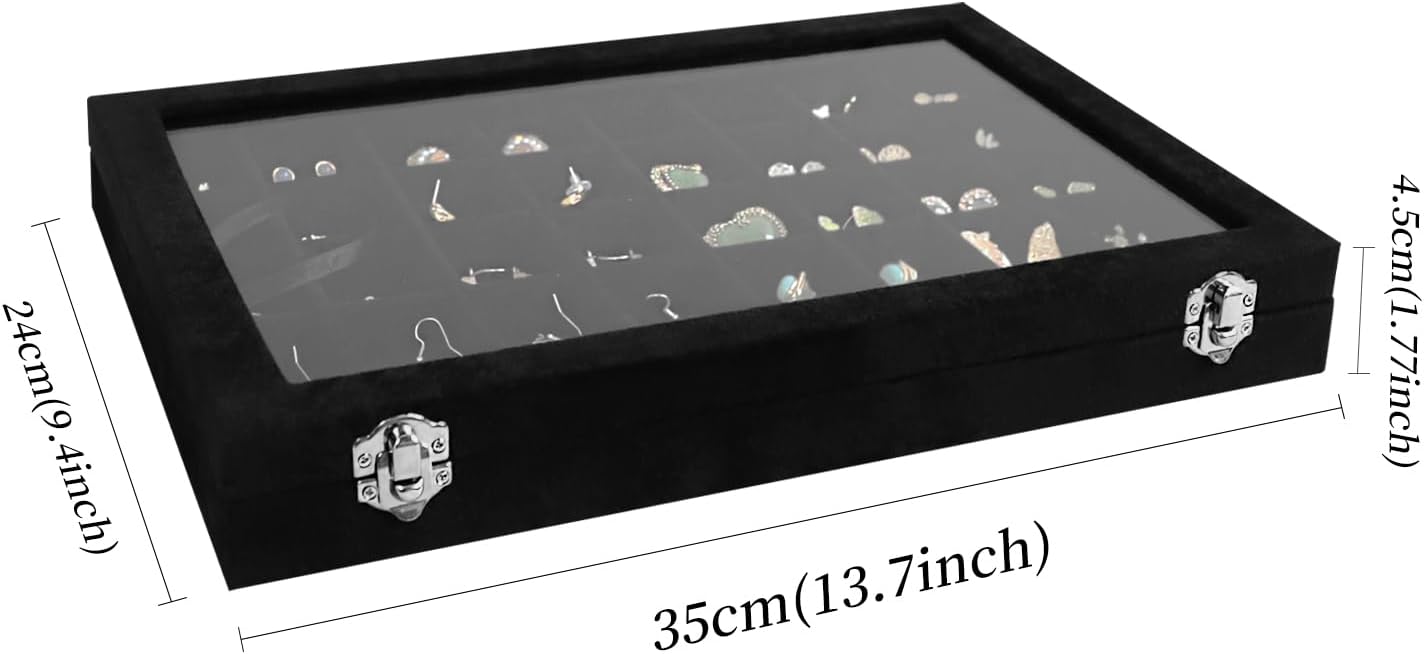 Wudygirl 40 Grid Jewelry Organizer Tray for Earrings Rings Bracelets Storage Necklaces Display Large Jewelry Box with Clear Lid Multiple Compartments Drawer Organization (Black Velvet)