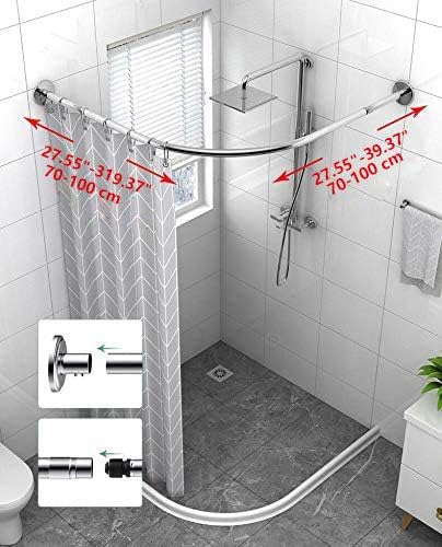Corner Shower Curtain Rod Adjustable Stainless Steel L Shaped Rack Drill Free Install for Bathroom, Bathtub, Clothing Store (27"-39"x27"-39")