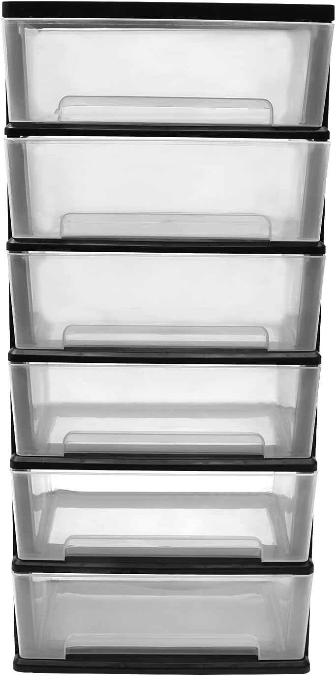 6 Clear Drawer Storage Organizer Rolling Cart,Heavy-Duty Storage Tower Plastic Cart Organizer for Closet,Living Room,Hallway, Dormitory (Black)
