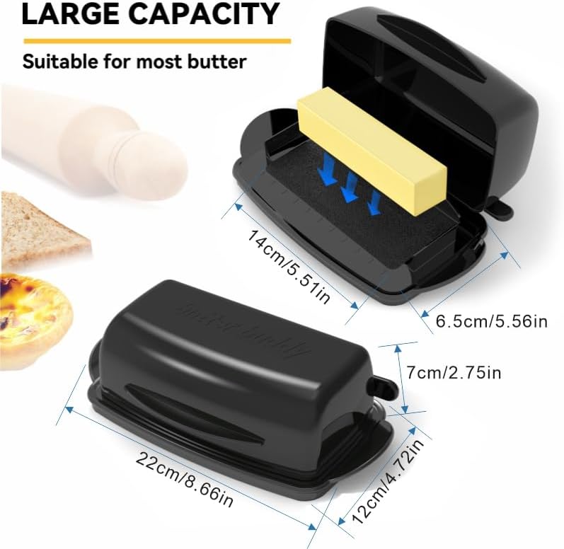 Butter Dishes with Lid for Countertop Refrigerator, Plastic Butter Dish Clear Flip Top Lid Butter Container with Spreader, Non-Slip Bottom Butter Holder Keeper (Black)