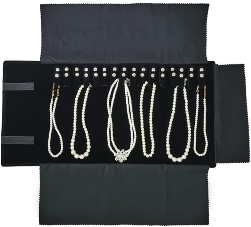 Velet Travel Jewelry Case Roll Bag Organizer for Necklace Bracelet Black Gray Velvet (Black Velvet)