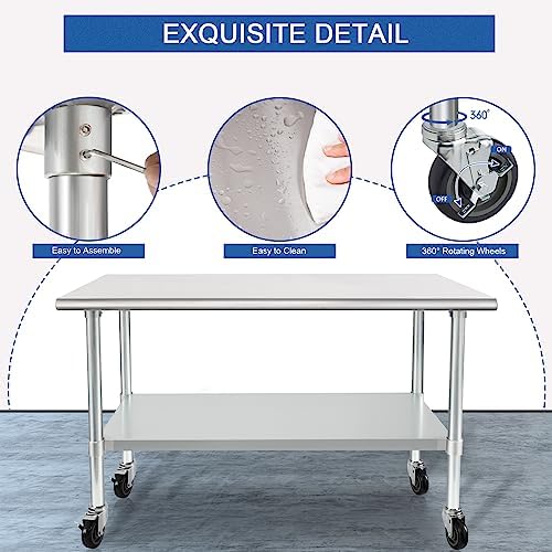 HARDURA Stainless Steel Table with Wheels 24 x 48 Inches Casters NSF Heavy Duty Commercial Work & Prep Table with Undershelf and Galvanized Legs for Restaurant Kitchen Bar and Hotel Garage