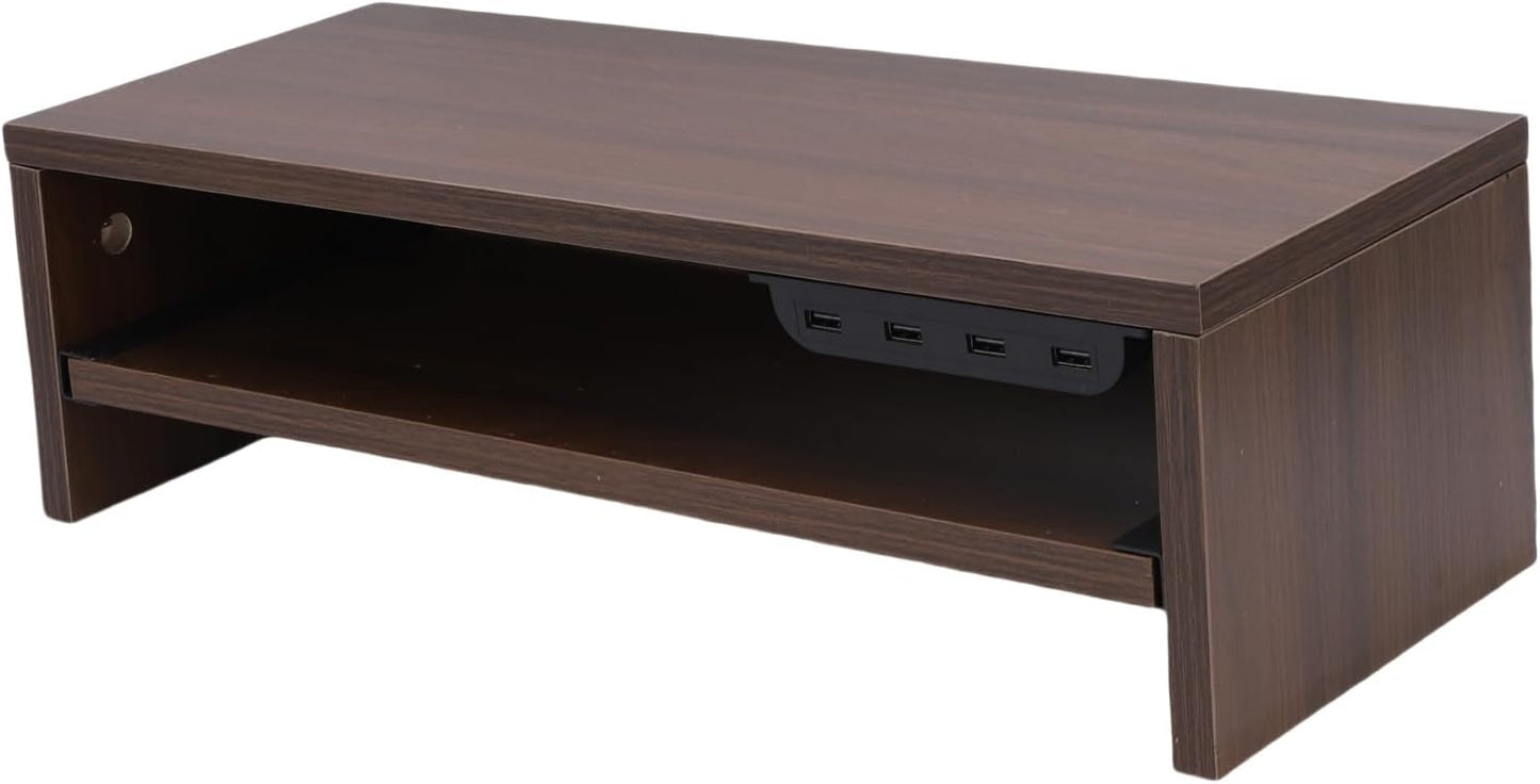 BAFOVY Desktop Monitor Stand Riser with USB Hub and Drawer, 20-Inch Wooden Desk Organizer for Laptop and Computer Screens, 15cm Height Adjustable Solution (Walnut Brown)