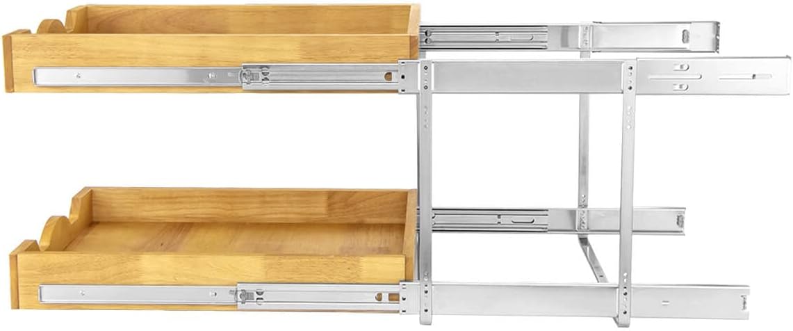 DINDON 2 Tier Pull Out Cabinet Organizer (20" W x 21" D) Wood And Metal Double Tier Slide Out Wood Drawer Under Cabinet Storage Organization