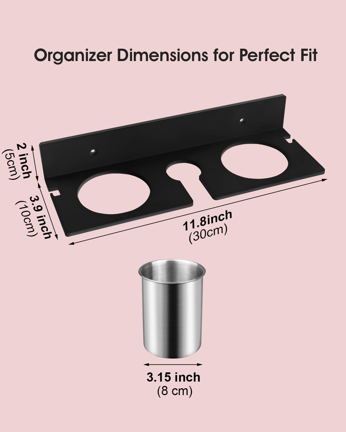 Hair Tool Organizer, Hair Dryer Holder with Heatproof Steel Cups, Acrylic Vanity Organizer for Curling Iron, Flat Iron & Hair Brushes, Perfect for Bathroom (Black, Compact)