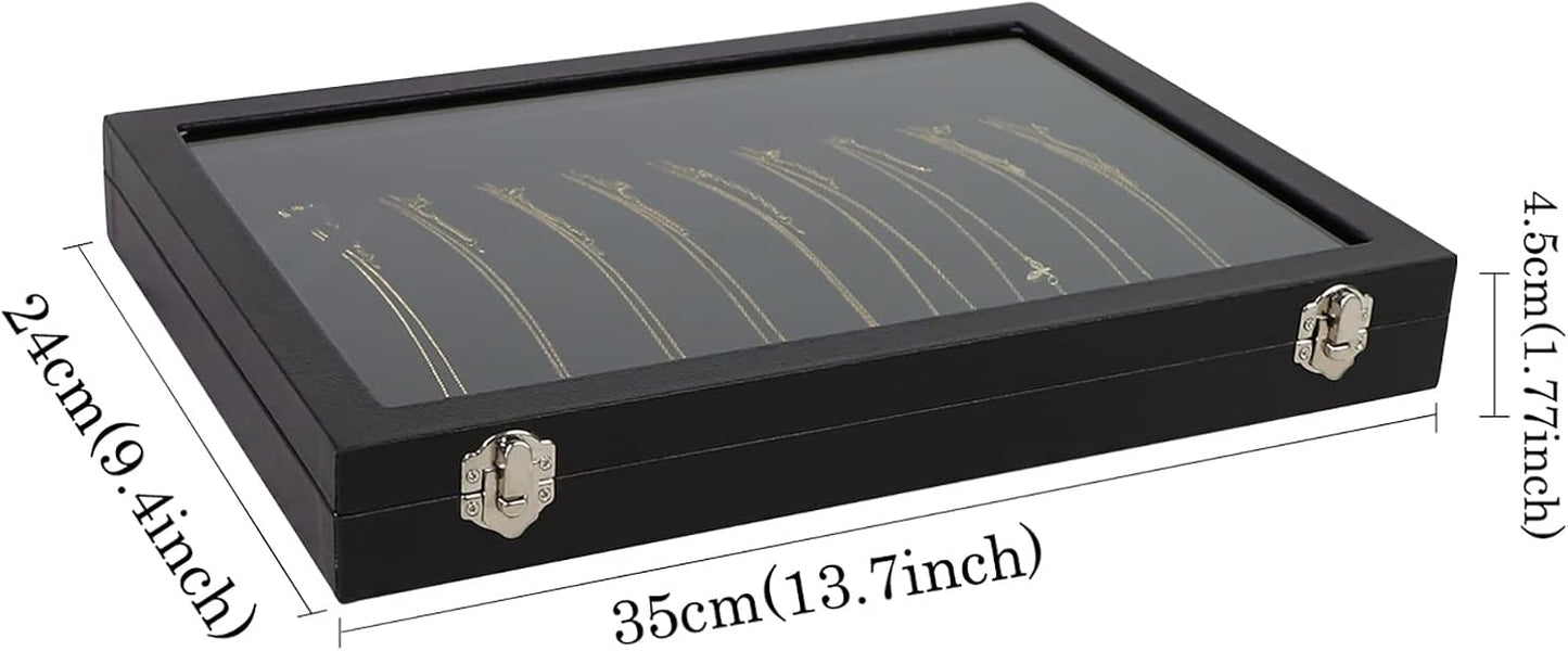 Wudygirl Necklace Organizer 20 Hooks Jewelry Organizer Jewelry Display Stackable Glass Top Lockable Black Velvet Boxes(Necklace Tray)