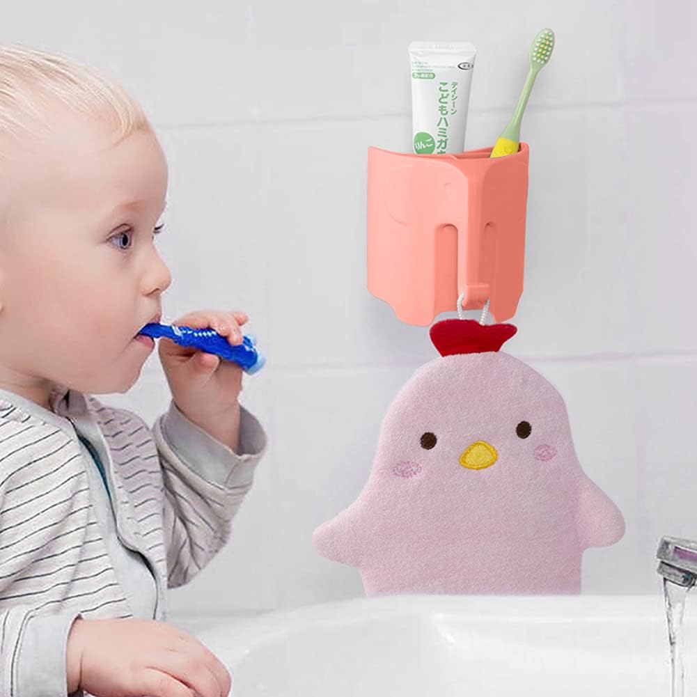 Kids Toothbrush Holder, Cute Elephant Toothbrush Holders for Toddler, Toothbrush Toothpaste Holder for Bathroom, Toothbrush Organizer with 3 Slots and a Hook, Watermelon Red