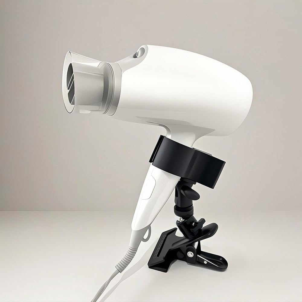 Hands Free Hair Dryer Holder Stand 360 Degree Rotating Sturdy Metal Base Strong Clamp Adjustable Flexible Blow Dryer Stand