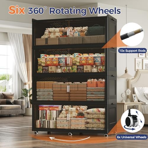 150GAL Extra Large Storage Bins with Lid, 600QT Collapsible Organizer with Wheels, Stackable Closet Cabinet with Doors, Folding Storage Containers for Home, Office, Kitchen, 3Pack Black