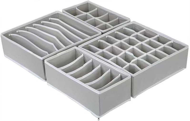 4 Piece Drawer Organiser,Collapsible Non-Woven Sorting Box,Closet Divider For Underwear,Socks,Bras,Ties (Grey)