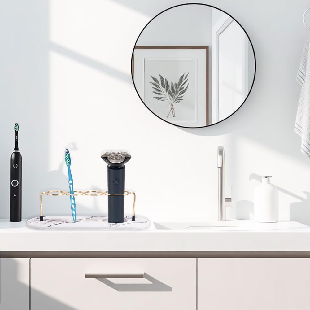 AHANDMAKER Toothbrush Holder 4 Slots Toothbrush Holder Bathroom Marble Pattern Toothpaste Razor Storage Makeup Brush Display Rack for Bathroom Toothpaste Organizers, Gold Marble White