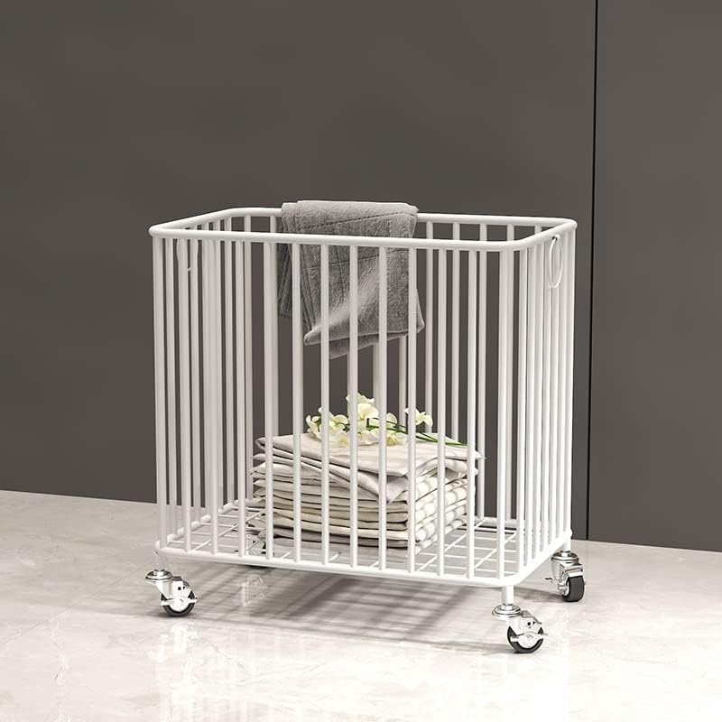 Easyars Laundry Basket with Wheels,Large-size Metal Rolling Laundry Organizer Basket Cart,Clothes or Linen Storage Organizer Bin for Living Room,Bathroom,Closet or Children Bedroom,White