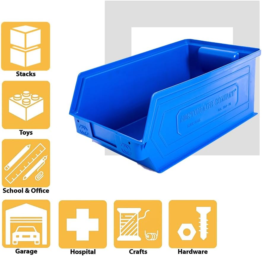 6-Pack Storage Bins, Wall Mount, Stackable & Freestanding, 12āx 8ā x 6ā Plastic Organizers, Utility Containers for Garage, Home, Workshop, Blue