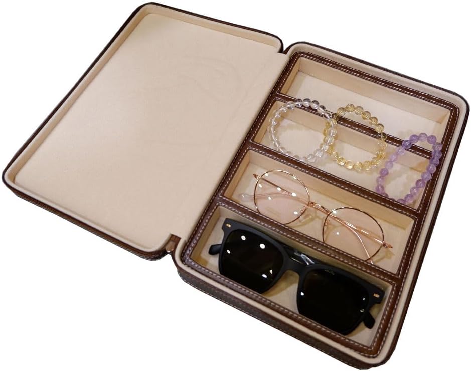 4 Slots PU Leather Eyeglasses Storage Box Sunglasses Box Jewelry Display Case Watch Box for Women Men(4GL-Coffee brown)