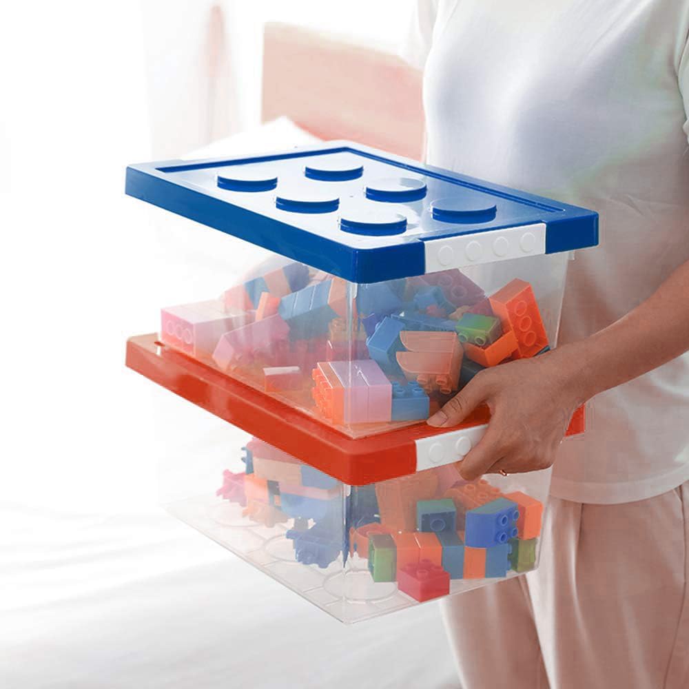 loobuu Plastic Storage Bins with Lids - Stackable Toy Storage Organizer Box Set of 2, Toy Chests with Compatible Building Baseplate and Lid, Storage Container for Building Bricks - Red+Blue