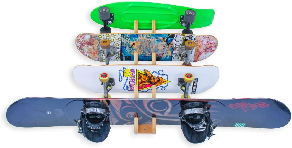COR Surf Skateboard & Snowboard Wall Mount Display - 4 Board Indoor Rack Made with Sustainable Bamboo