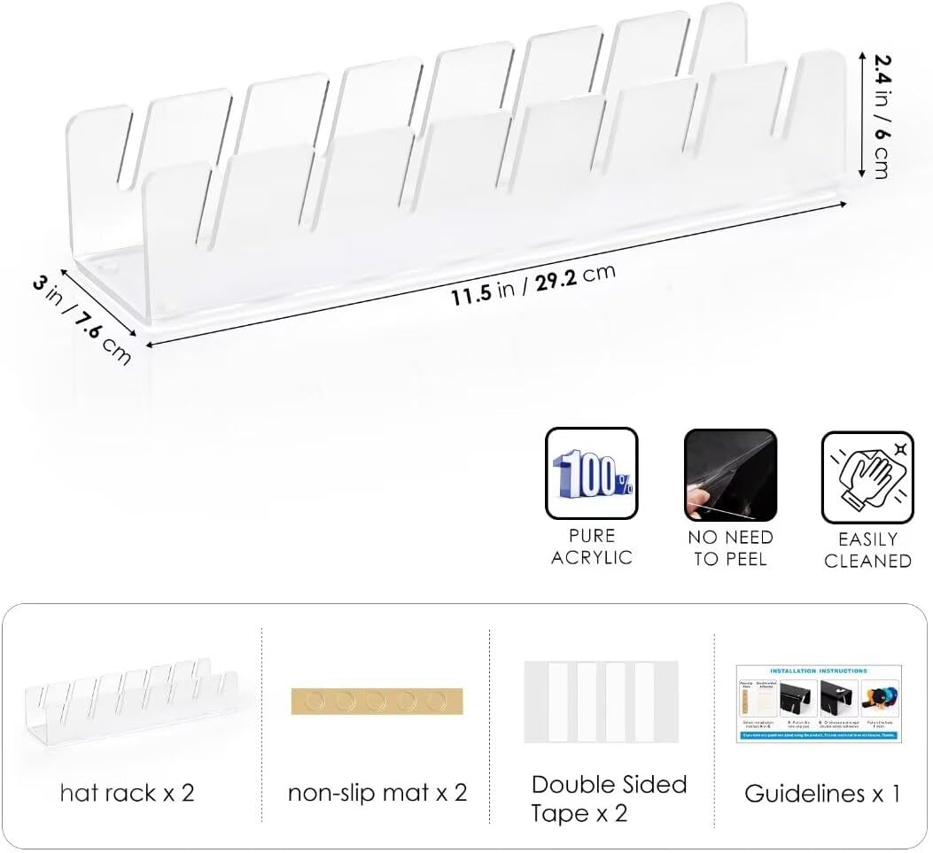 OAPRIRE Hat Stand for Baseball Caps Display and Organizer, No Install Acrylic Hat Organizer 2 Pack Holds 14 Baseball Caps for Closet, Bedroom, Dresser (Frosted Clear)