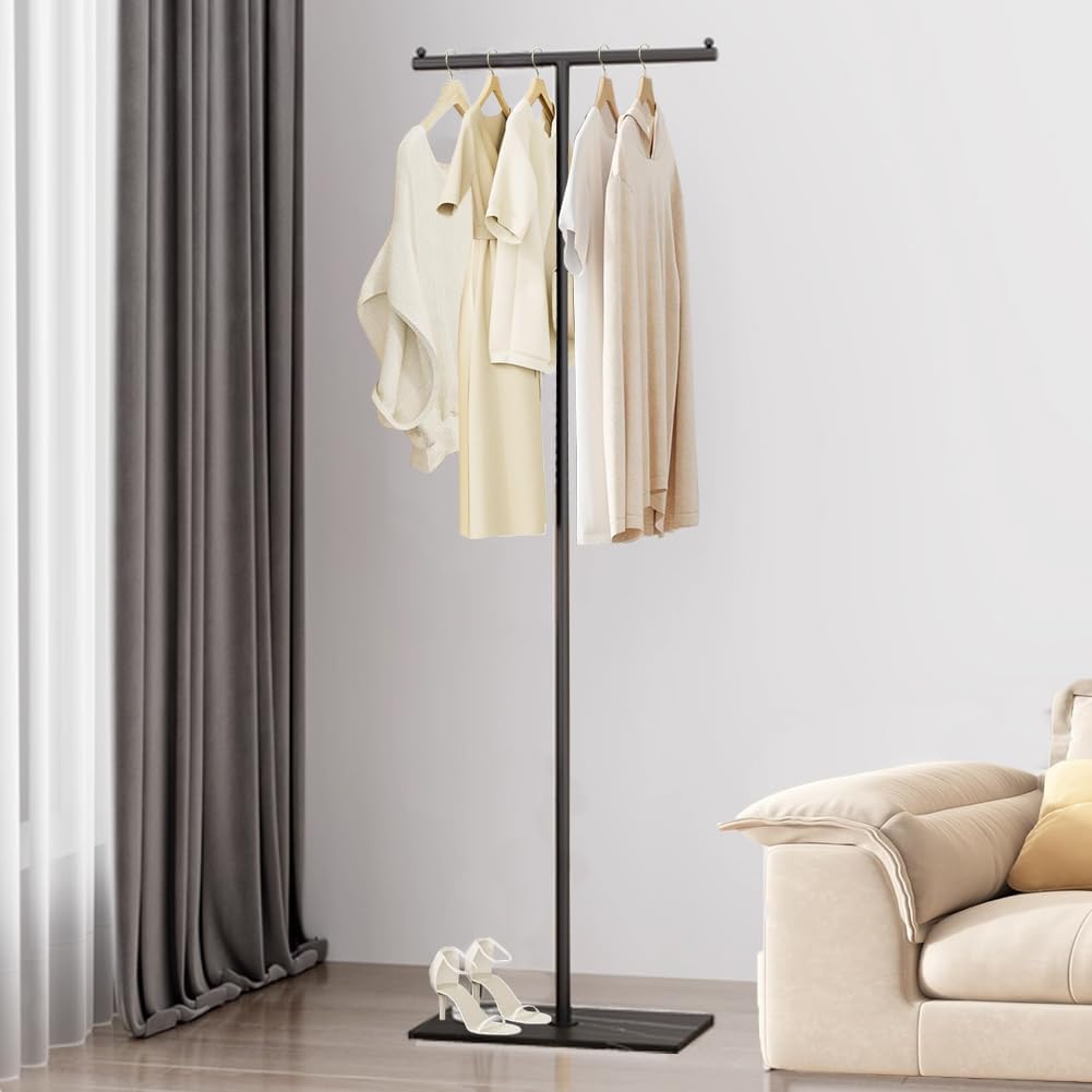 T-Shaped Metal Rack Stand,Modern Clothes Rack With Rock Slab Base,60.3Inch Freestanding Clothing Rack Stand,Suitable For Boutiques, Entryway, Bedroom, Living Room, Hallway,( 60.3 Black)