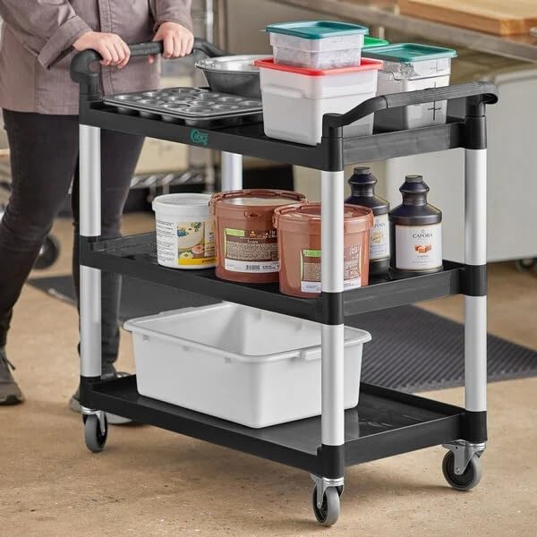 Black Plastic Utility Cart with 3 Shelves, 42 x 20 x 38 Inches, 450 lb Capacity, Swivel Casters, for Restaurant Bussing