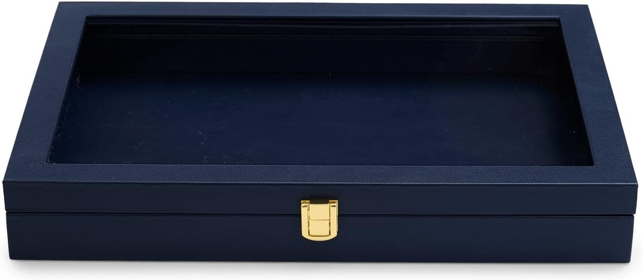 Oirlv Premium Blue Leather Flat Jewelry Tray with Acrylic Lid Jewelry Organizer Case Showcase Big Necklace Display Organizer Box with Locks for Security