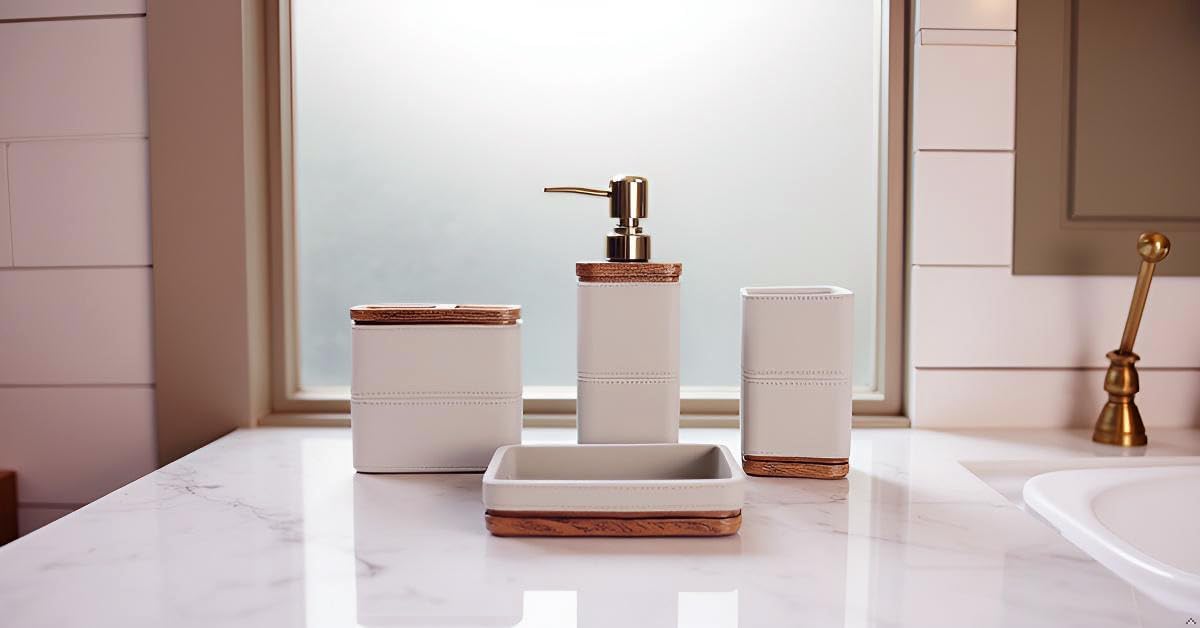 Hymmah Leather Pattern Design Bathroom Accessories Set,Farmhouse Bathroom Decor,4 Pcs Resin Gift Set Apartment Necessities, Contain Cotton Swab Jar,Soap Dispenser,Tumbler,Soap Dish/Tray