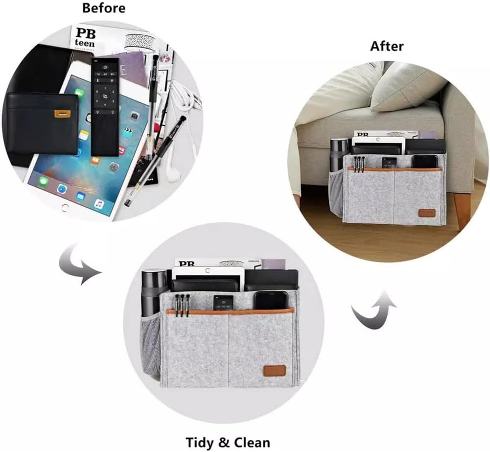 Bedside Caddy,Felt Bedside Storage Organizer, Hanging Storage for Dorm Bed Sofa for tablet Magazine Phone Remotes Water Bottle Holder (Grey)