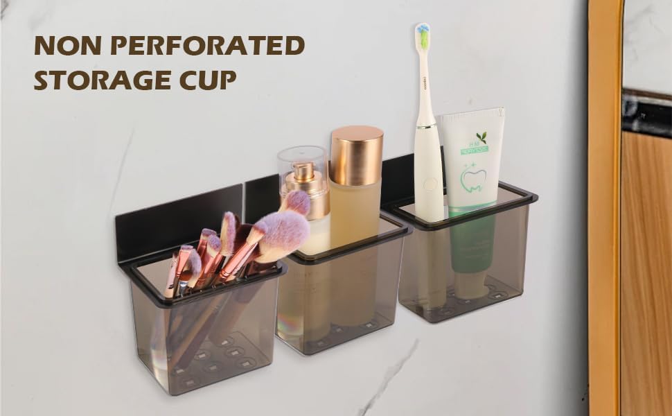 Toothbrush Holder Toothpaste Holder with Wall Mounted Metal Frame & Plastic Black Bathroom Organizer with Tape for Bathroom Toothbrush Toothpaste Floss Makeup Brush Razor - one Pack