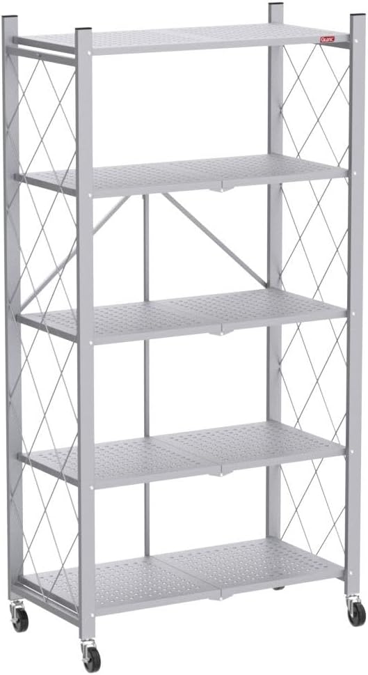 DEANIC 5 Tier Foldable Storage Shelves with Wheels, Large Capacity Shelving Unit, Freestanding Metal Wire Shelf Rack, No Assembly Organizer Rack for Garage Kitchen, Basement, Pantry(Grey)