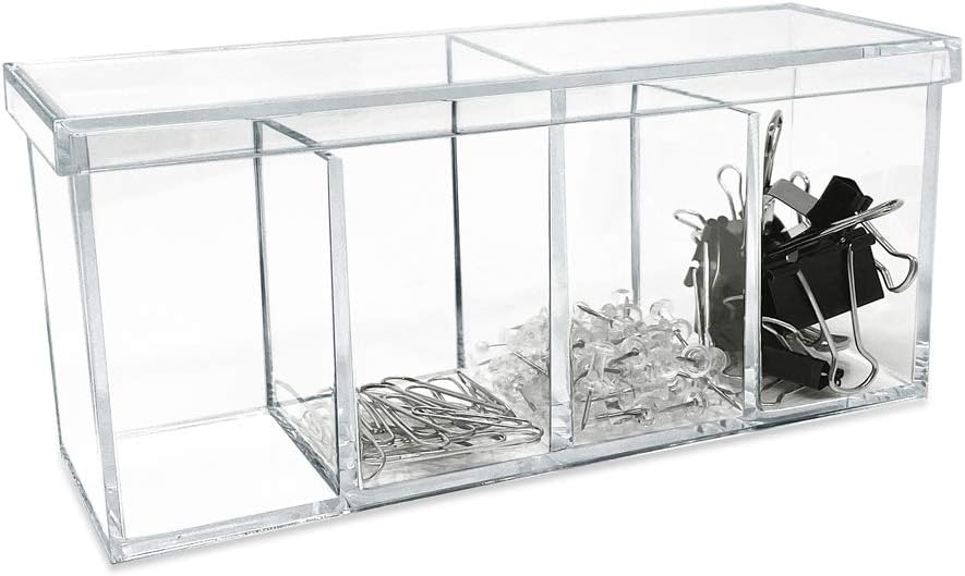 Isaac Jacobs 4-Compartment Clear Acrylic Organizer with Lid (9” L x 3” W x 4” H), Makeup Brush Holder, Sectional Tray, Storage Solution for Makeup, Crafts, Office Supplies & More (1, Clear)
