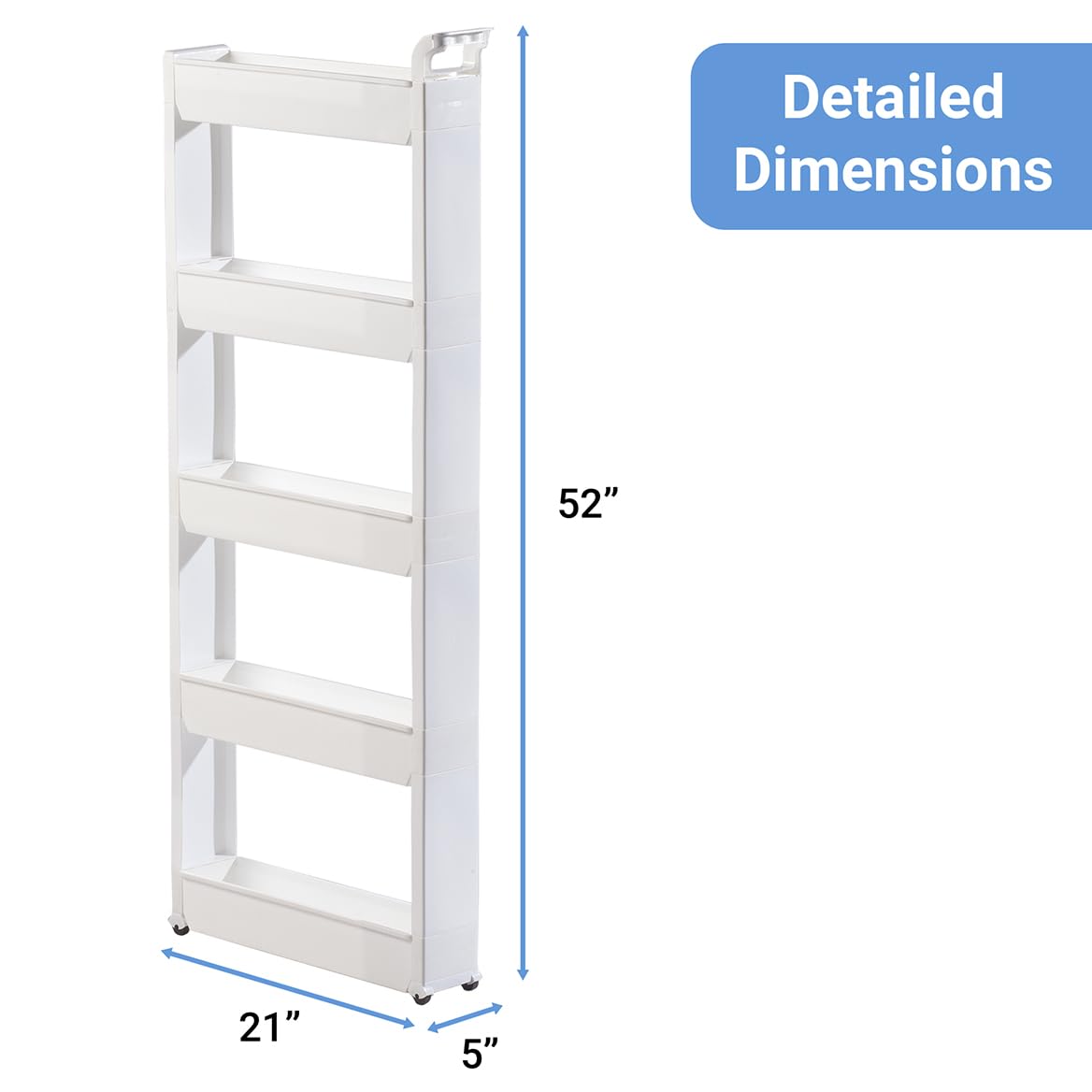 Miles Kimball 5 Tier Slim Cart, White, Durable Plastic, Easy Assembly, Holds Up to 6.5 lbs