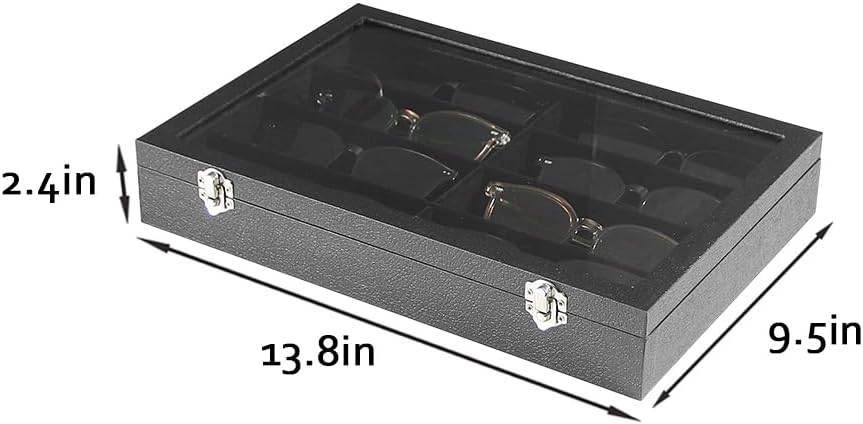 Coward Sunglass Organizer Tray Box, Black Velvet Grids Eyeglasses Display Tray Case with Transparent Glass Lid for Home Use or Store Shop Selling Show