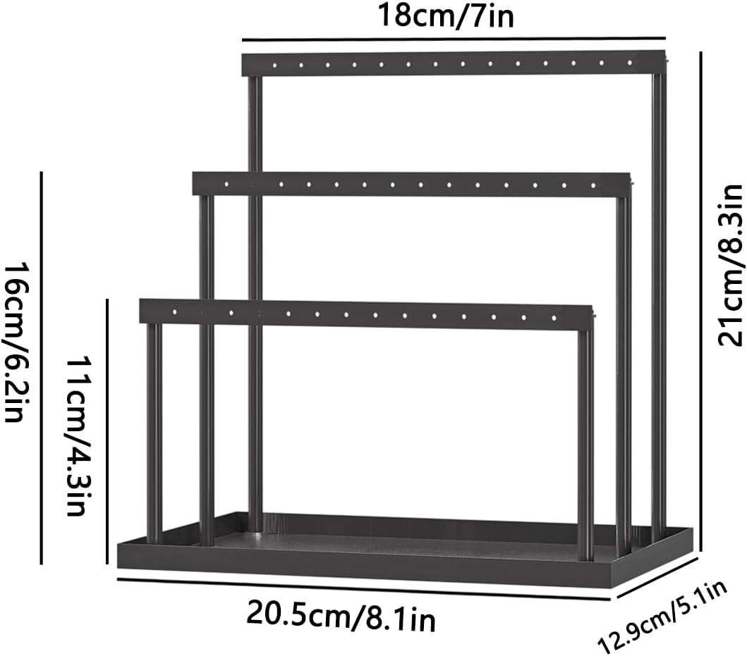 3-Tier Earring Organizer Holder Stand, Metal Jewelry Stand with Tray for Earring Display, 42 Holes Metal Earring Storage Tower Rack for Women Girls Home Use (Black)