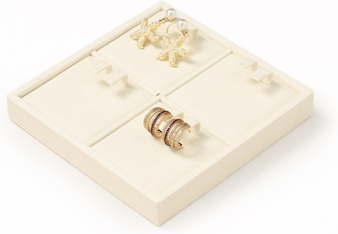 Oirlv Microfiber 4 Slots Jewelry Earring Display Tray Earring Display Organizer Tray(Beige)