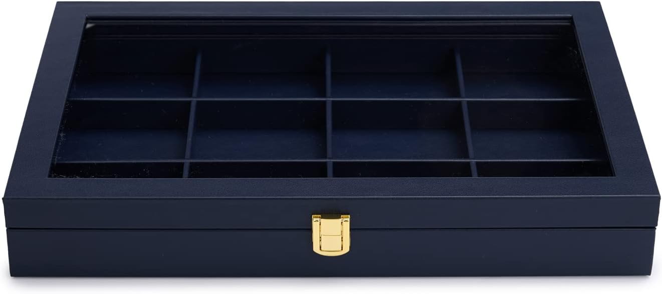 Oirlv 12 Gird Jewelry Tray with Acrylic Lid Premium Blue Leather Jewelry Organizer Box Transparent Lid Bracelet Bangle Small Watch Storage Case for Women Gift