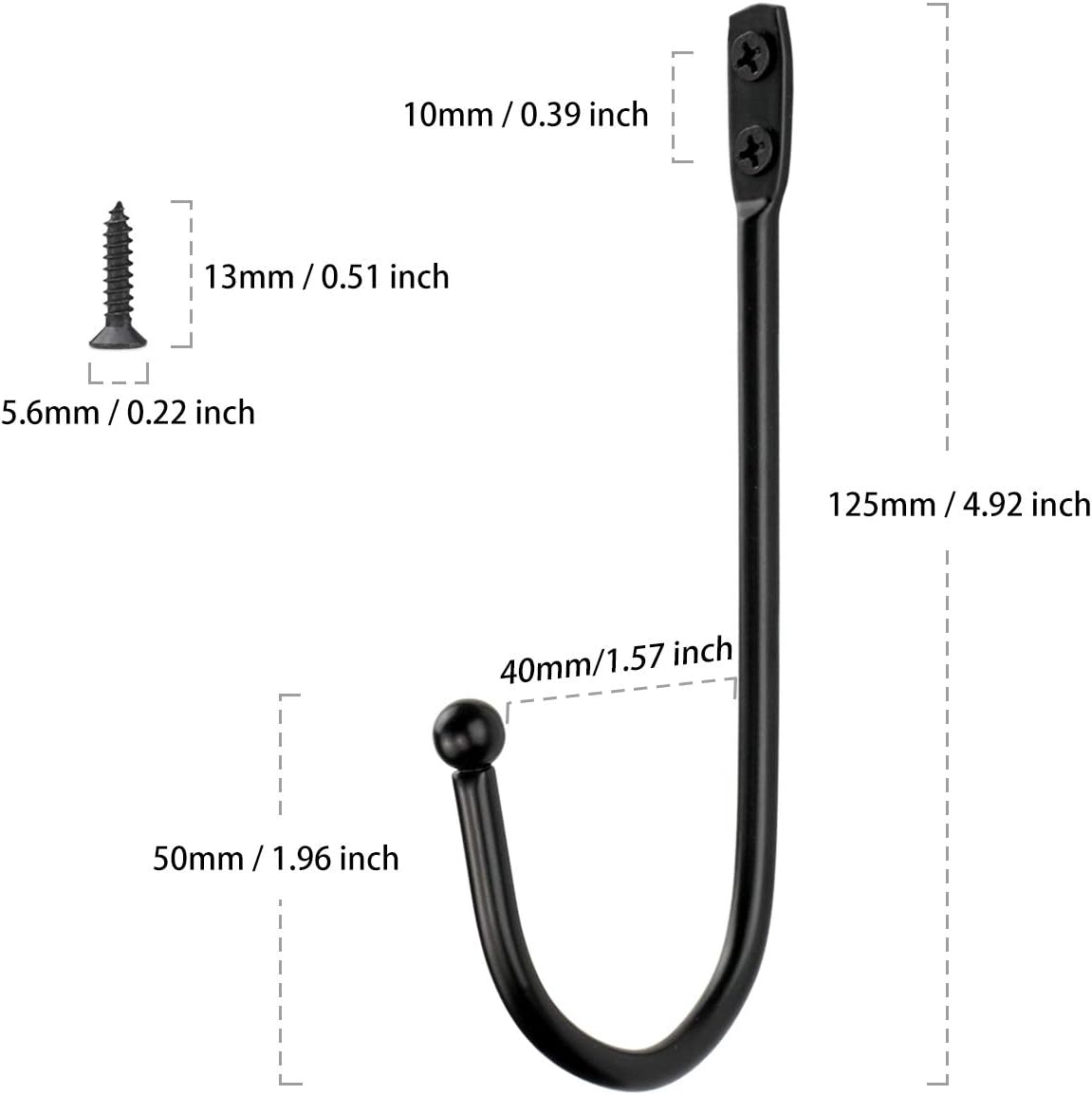 Wall Mounted Single Hook Wall Hanger Key Holder Wrought Iron Coat Hat Hooks, Set of 12 pcs and 24 pcs Screws, Black, Length:4.92inch
