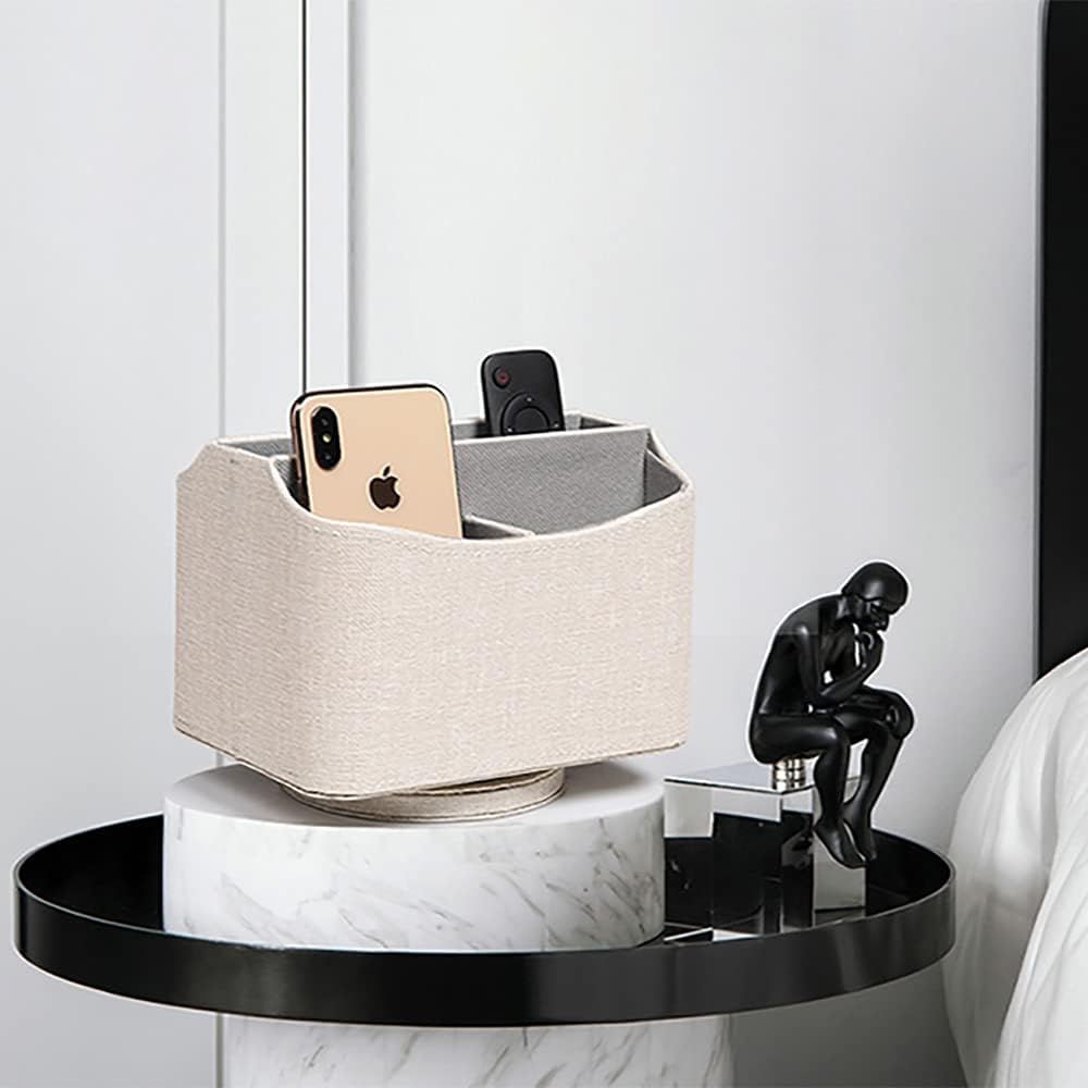 UnionBasic Rotating Desk Organizer, 360 Degree Desk Spinning Caddy, Desktop TV Guide/Mail/Media/Remote Controller Holder Organizer, Linen Texture Leather Beige