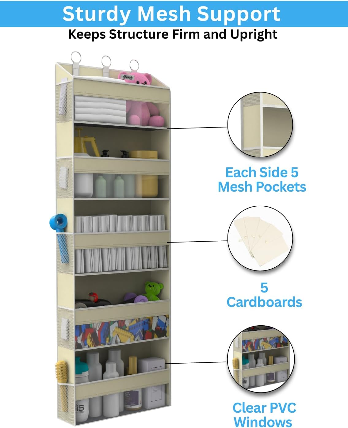 Over the Door Organizer with 5 Large Pockets & 10 Mesh Side Pockets – Durable Hanging Storage for Closet, Bathroom, Bedroom, and Nursery– Space Saving Door Storage with Sturdy Metal Hooks.