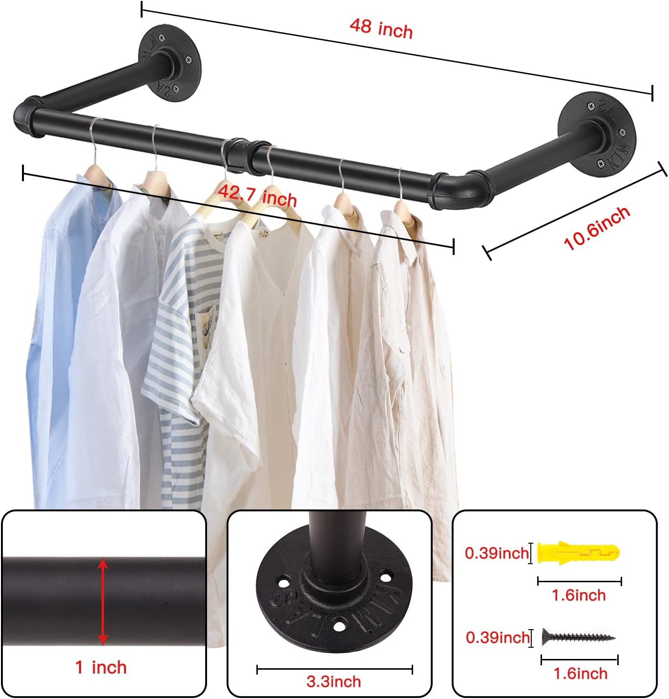 Wall Mounted Clothes Rack - 48" Clothing Garment Rack, Space-Saving Heavy Duty Detachable Iron Clothes Hanger Pole, Multi-Purpose Hanging Rod for Closet Storage