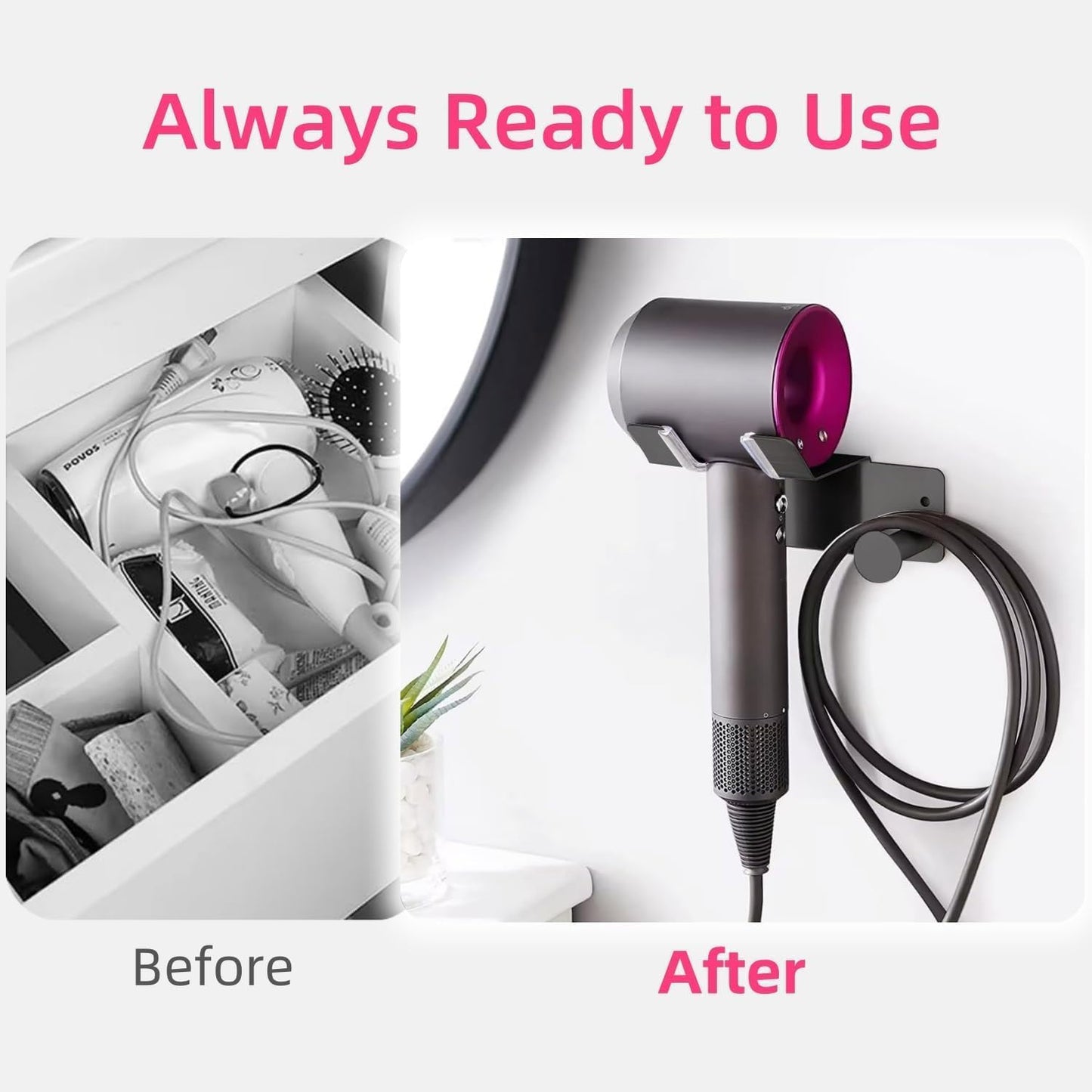Hair Dryer Holder, Hair Dryer Holder Wall Mounted, Self Adhesive Blow Dryer Holder, Stainless Steel Hair Dryer Stand, Hairdryer Holder for Bathroom Black BANJEKT