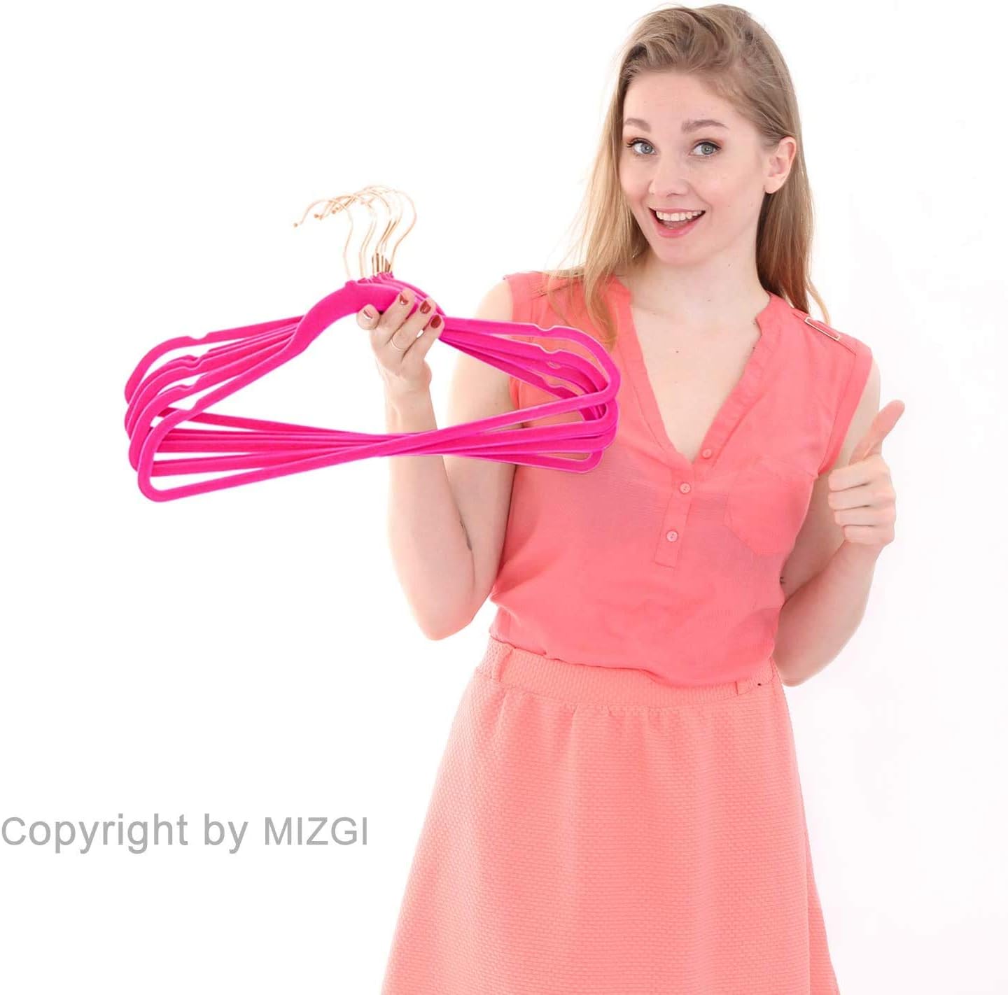MIZGI Premium Velvet Hangers (Pack of 50) Heavyduty - Non Slip - Velvet Suit Hangers Pink - Copper/Rose Gold Hooks,Space Saving Clothes Hangers