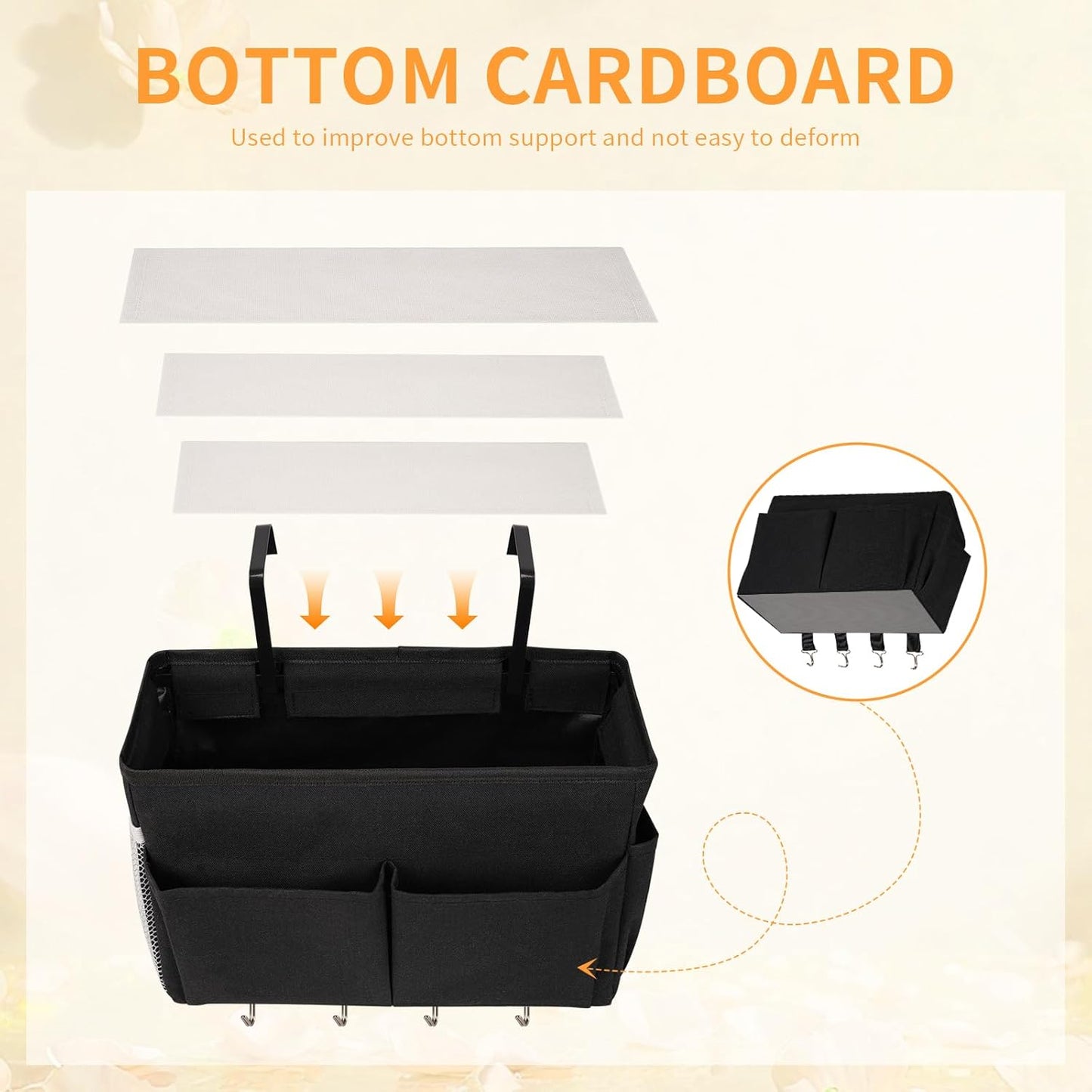 Bedside Storage Organizer 5 Pockets with 4 Hooks Hanging Storage Bag for Headboards/Bunk Bed (Black)