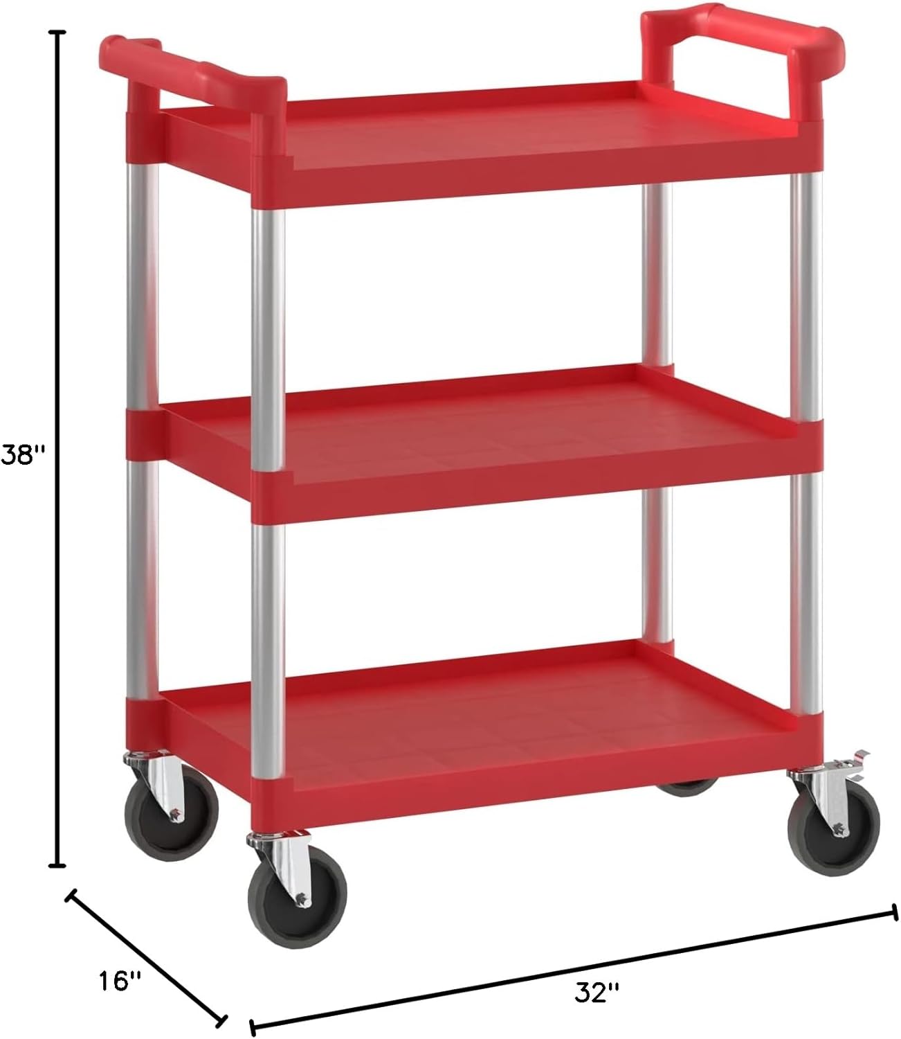 Red Utility/Bussing Cart with Three Shelves - 32" x 16"