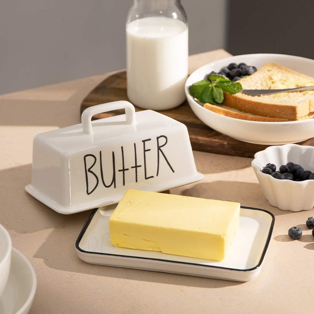 Sweejar Ceramic Butter Dish with Handle Lid, 7.3 Inch Porcelain Large Butter Keeper with Cover, Perfect for East/West Butter (White)