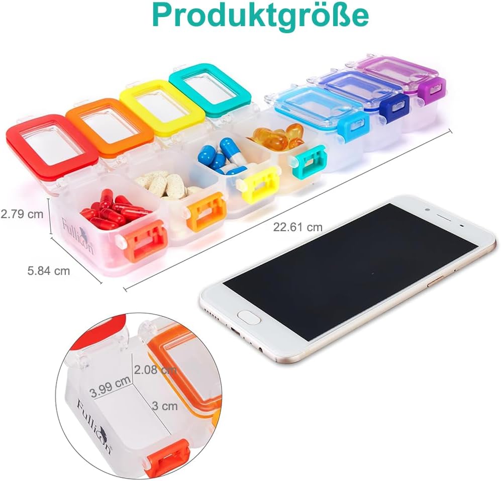 Fullicon Weekly Pill Organizer 7 Day Ultra Moisture and Spill Proof Daily Pill Box, Large Medicine Case with Secure Buckle, Compact Travel Pill Container for Pill, Vitamin, & Fish Oil (Rainbow Clear)