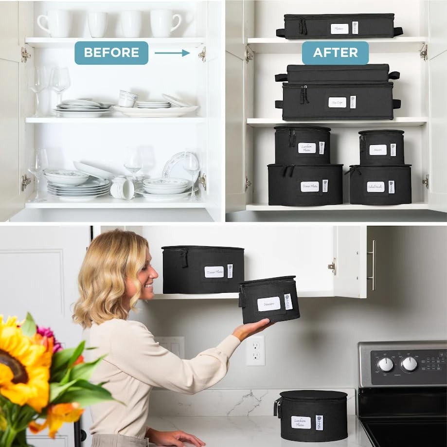 Hard Shell China Storage Containers 8-Piece Set Moving Boxes for Dinnerware, Glasses, Plates, Mugs and Saucers Sturdy Dish Organizer with Dividers for Seasonal Storage - Service for 12 - Black