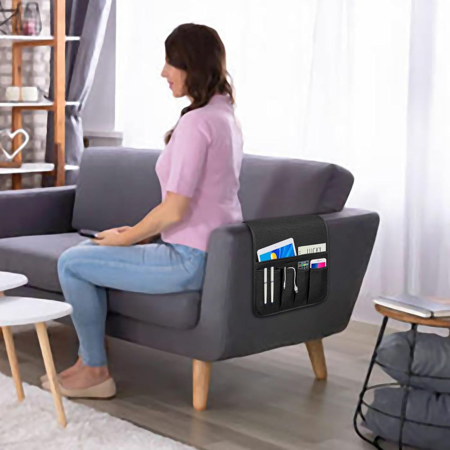 NB Sofa Armrest Organize remote holder bedside caddy organizer with 5 pockets,non-slip couch remote control holder couch armchair caddy accessories (black, 35"x12.4")