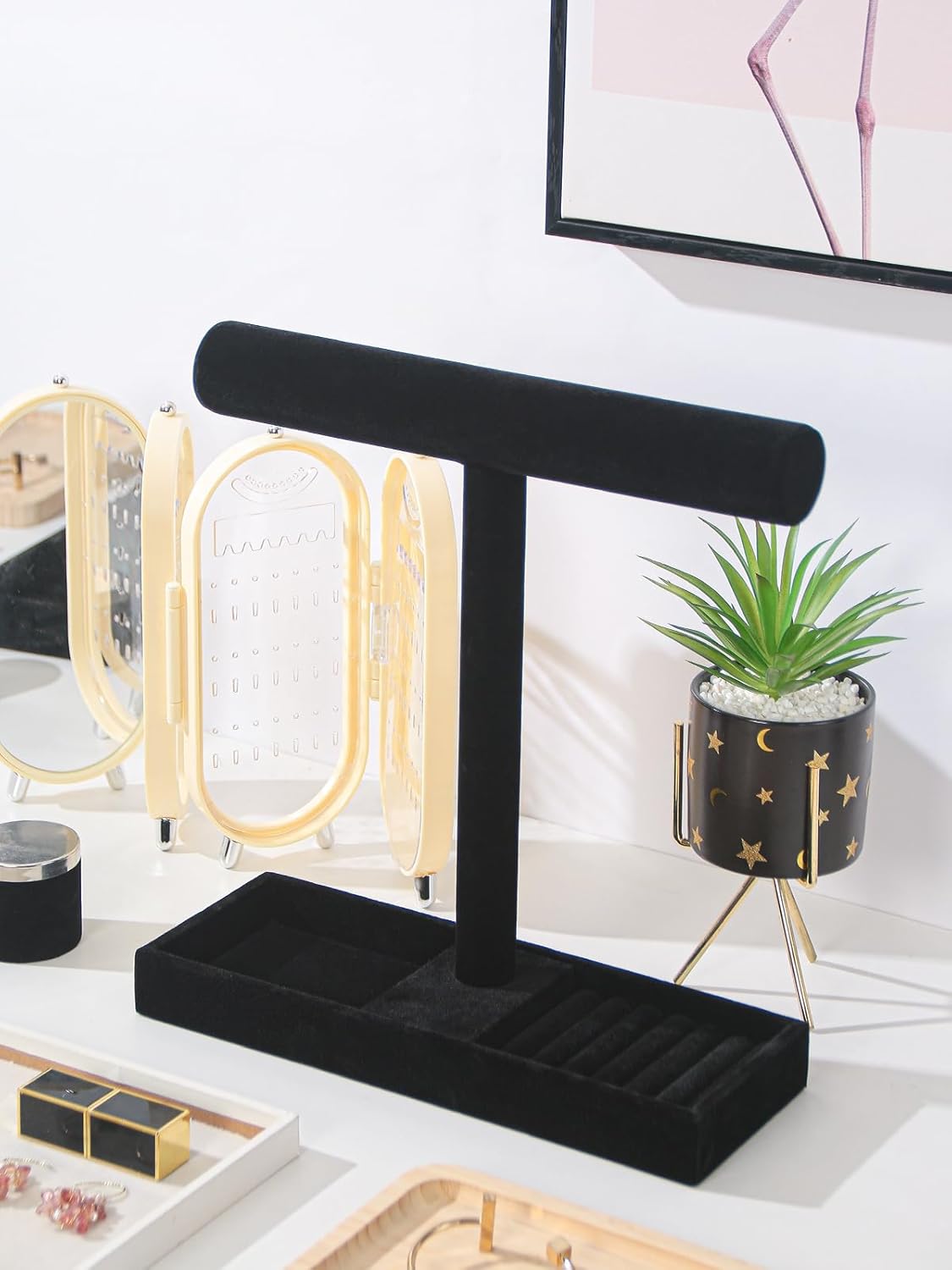 Multi-Use Jewelry Holder Stand, Necklace Bracelet Ring Organizer Stand, Scrunchie Watches Velvet Jewelry Holder Stand With Tray for Women Home Use(Black Color)