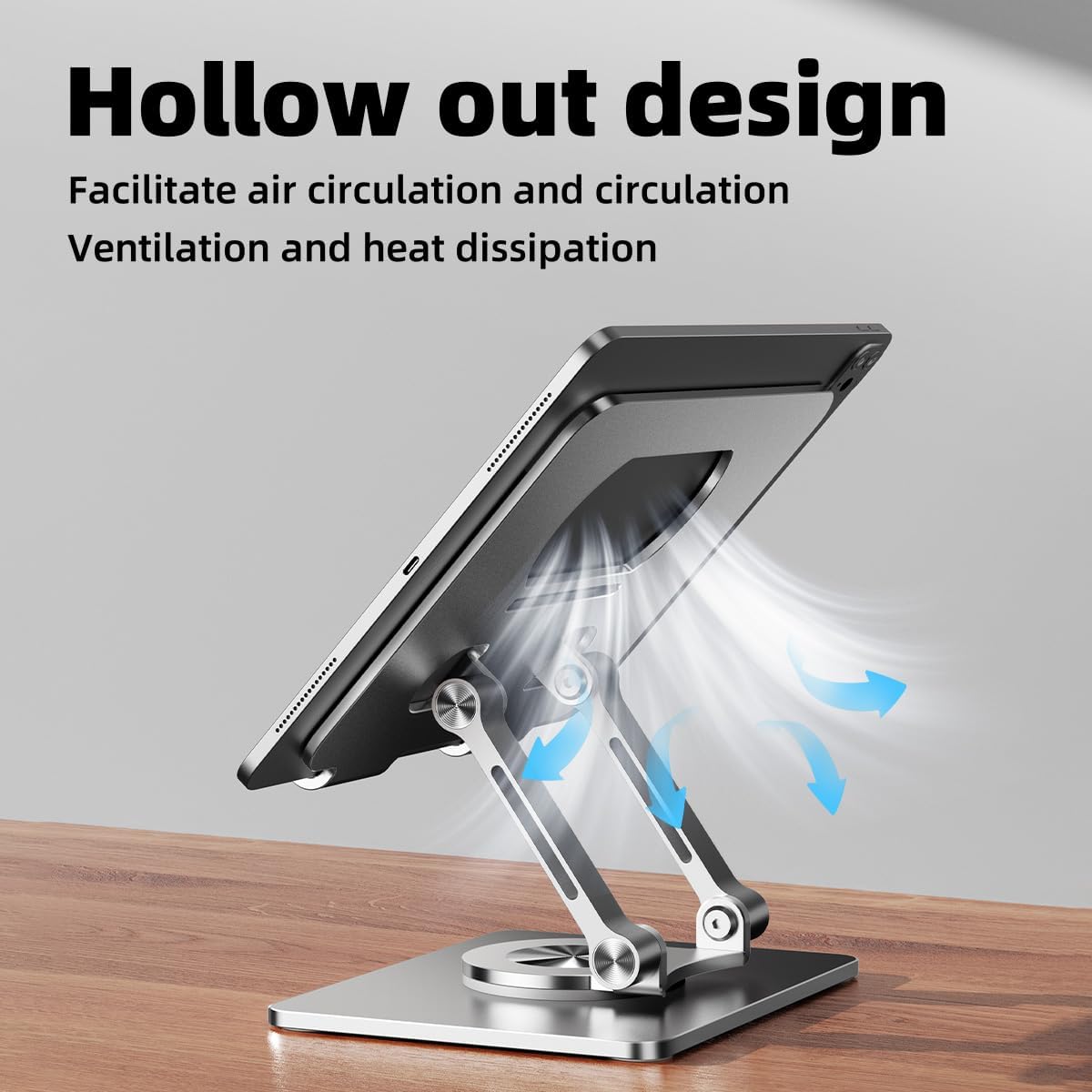 iPad Holder Stand, Tablet Holder with Thickened 360° Rotating Base Dual Rod Adjustable Aluminum Stand for All 4-12.9’’ iPad Surface Samsung Phone Tablet Kindle E-Reader and More, Silver