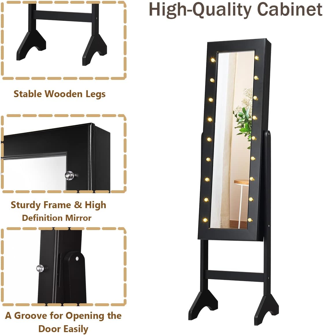 Giantex Standing Jewelry Armoire with 18 LED Lights Around the Door, Large Storage Mirrored Jewelry Cabinet with Full Length Mirror, 16 Lipstick Holders, 1 Inside Makeup Mirror (Black)