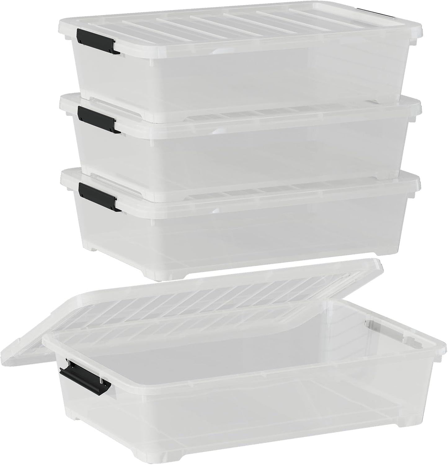 Saedy 4 Pack 40L Plastic Underbed Storage Container Box with Wheels, Clear